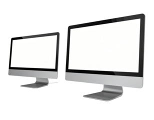 Two computer monitors, one large and one smaller, both with blank white screens