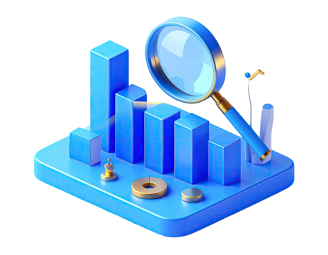3D graphic of a magnifying glass over a bar chart.  Bright blue blocks, gold accents, and isometric perspective.  Business, analysis, data visualization, and insight concepts - Powered by Adobe