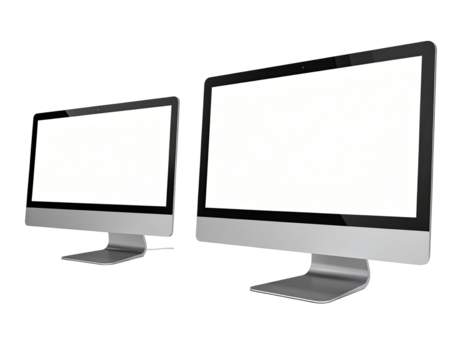Two computer monitors, one large and one smaller, both with blank white screens