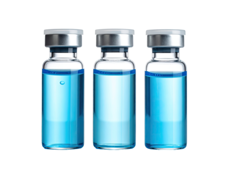 Three clear glass vials with light blue liquid