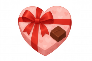 Heart shaped chocolate gift box with red ribbon and single truffle, symbolizing love and romance on transparent background