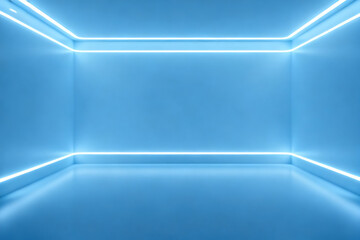 Neon blue illuminated room with glowing edges and empty space