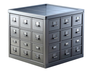Cubic filing cabinet, multiple drawers, gray metal