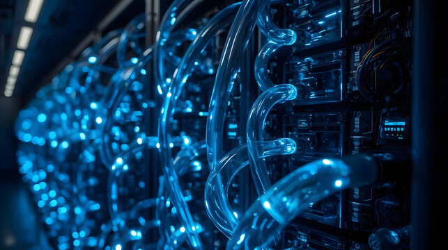 Liquid Cooling System in Data Center, Server Rack with Glowing Blue Hoses, Futuristic Supercomputer Technology