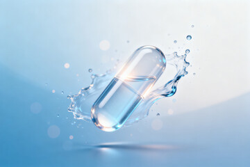 Transparent capsule with water splash against a blue gradient background