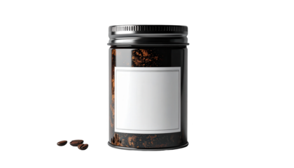 Product shot displaying a sealed, transparent jar containing a dark substance, potentially ground coffee, set against a stark black backdrop, alongside loose coffee beans offering subtle visual...