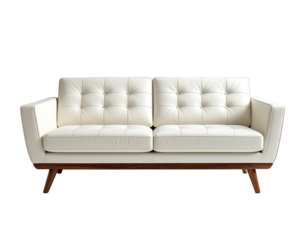 Cream leather couch with mid-century modern style.  Solid wood legs.  Button tufted.  Clean lines