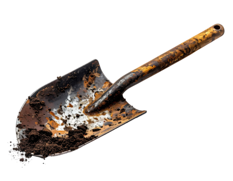 Rusty shovel filled with dark soil