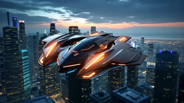 Futuristic Cityscape with Flying Vehicles and Advanced Technology