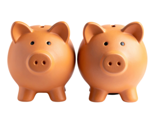 Two piggy banks, facing forward, against a black background