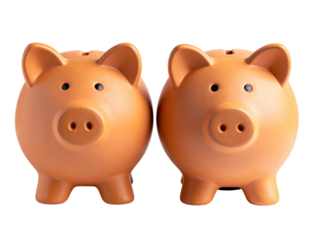 Two piggy banks, facing forward, against a black background