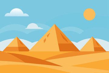 Stylized illustration of the egyptian pyramids in the desert under a bright sun and blue sky with clouds