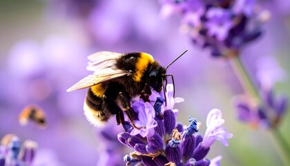 Close-up of a fuzzy bumblebee pollinating a lavender flower