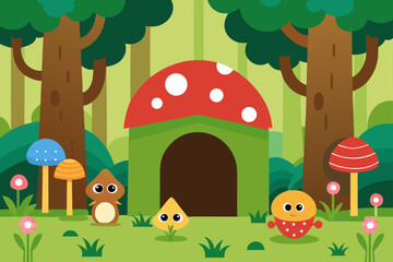 Obraz premium Charming cartoon forest scene with cute mushroom characters and a whimsical mushroom house surrounded by trees and flowers