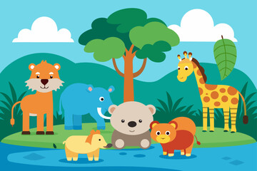 Cute cartoon animals including a lion elephant giraffe bear and other jungle creatures gathered by a river in a vibrant forest landscape