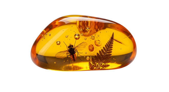 A captivating piece of amber, preserving a prehistoric insect and plant fragment, offering a glimpse into ancient life isolated on transparent background