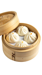 Four steamed buns, nestled in a bamboo steamer basket.  A light, creamy-colored dough, with subtle dimples and a slightly domed shape, are visible.  The steamer is a light tan color