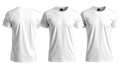 Three white t-shirts, front and back views