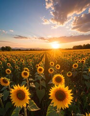 Golden Sunset Illuminates a Vast Sunflower Field with Radiant Sunlight and Clouds