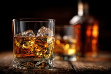 Glass of whiskey with ice on a wood table bottle in background