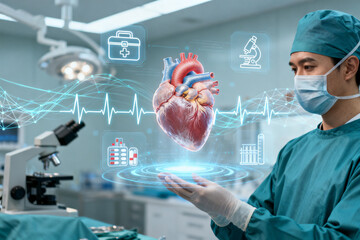 Surgeon examining a digital heart model in a high-tech medical environment with holographic data overlays