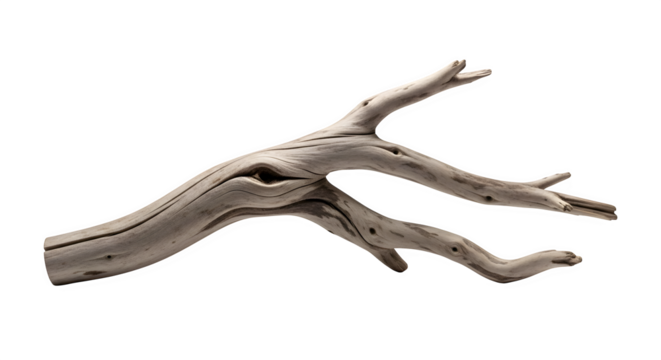 Closeup of a weathered driftwood branch, showcasing its unique texture and form, isolated on transparent background, a versatile natural element