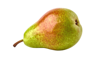 A ripe pear, showcasing a vibrant blend of green, red, and yellow hues, sits isolated against a stark black background, offering a simple yet visually striking composition of a single fruit,...