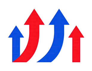 Three layered arrows, red and blue