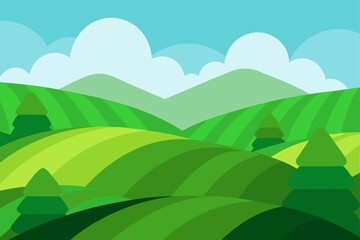 Obraz premium Stylized green rolling hills with trees and mountains under a blue sky with fluffy clouds