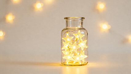 Christmas lights wrapped background :Twinkling String Lights in Transparent Bottle (Minimalist Ambience Ornament