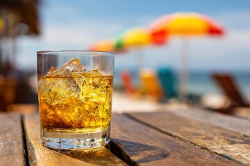 A glass of amber liquid with ice sits on a wood table beachfront umbrellas in the background