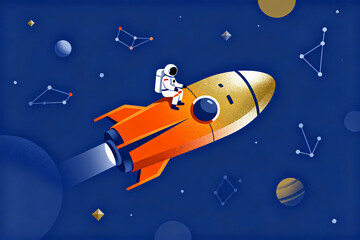 Naklejka premium Astronaut riding a rocket through space with planets and constellations in the background
