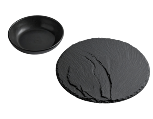 Black ceramic bowl and slate platter
