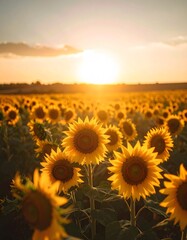 Golden Sunset Over a Sunflower Field