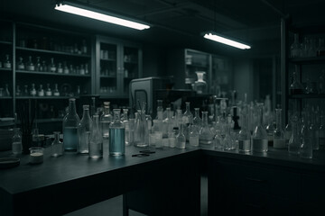 AI generated image of scientific laboratory interior with tables full of glass bottles beakers and chemical equipment under bright neon lights representing research and discovery