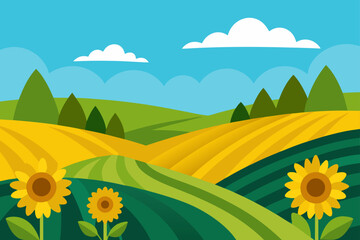 Obraz premium Vibrant cartoon illustration of a rolling landscape with sunflowers golden fields green hills and fluffy clouds under a bright blue sky
