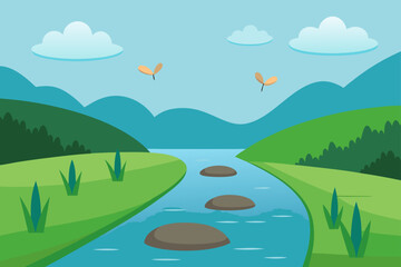 Fototapeta premium A serene cartoon landscape featuring a winding river flowing through green hills under a clear blue sky with fluffy clouds and floating leaves