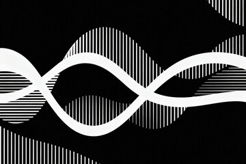 Abstract black and white graphic with wavy lines and striped patterns