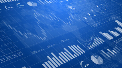 Futuristic digital interface of business data, charts, and graphs on blue background. Suitable for finance, analytics, data science, and technology concepts. 3d Rendering