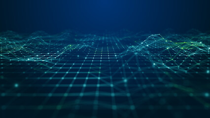 Futuristic abstract digital grid with glowing dots and wave lines representing big data, network connections, and artificial intelligence systems. 3d Rendering
