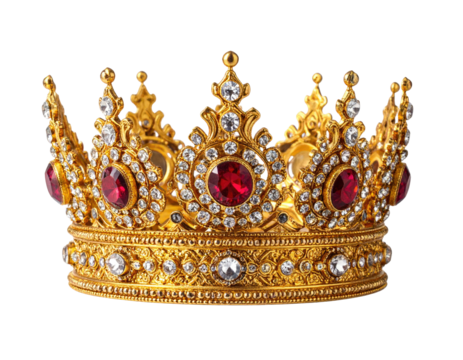 Ornate gold crown, studded with sparkling gems and rubies