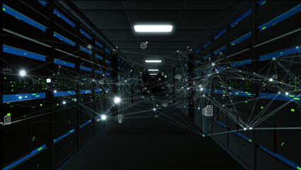 Artificial Intelligence data center with connected server racks and neural network lines representing digital connections, cloud processing, and big data systems. 3d Rendering