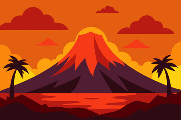 Stylized illustration of a vibrant volcano erupting with lava against a fiery orange sunset sky with palm trees and clouds