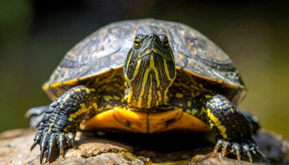 Naklejka premium Close-up of a turtle, perched on a rock, facing the camera