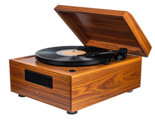 Wooden record player with open lid