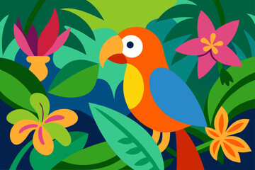 Fototapeta premium Vibrant abstract illustration of a colorful parrot perched amidst lush tropical foliage and exotic flowers in a stylized jungle setting