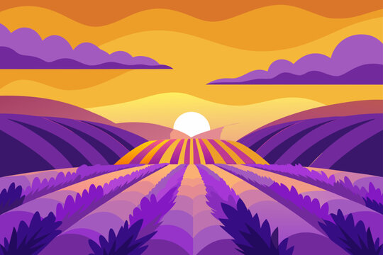Vibrant abstract landscape with rolling purple lavender fields and striped hills under a warm orange sunset sky with stylized clouds