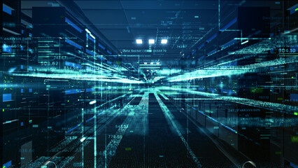 Futuristic data center with high-speed digital transmission lines, AI analytics, and big data processing streams across server racks and IT infrastructure. Technology abstract background, 3d Rendering