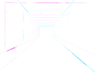 Abstract geometric tunnel of vibrant neon lines, painted in teal and purple hues, extends toward the center, against a stark black background, evoking a futuristic or digital perspective, with a...