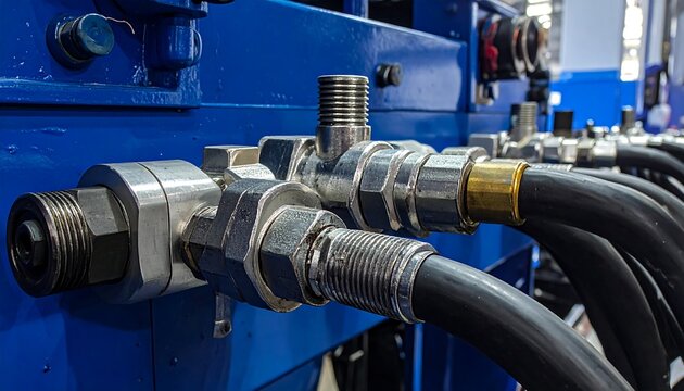 Close-up of industrial hydraulic system components, showcasing various fittings and hoses connected to a blue panel - Powered by Adobe